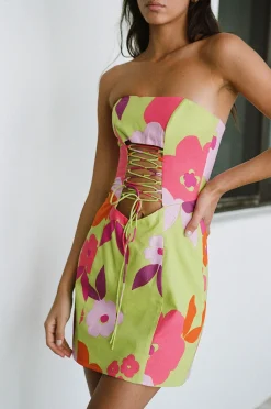 Hot SABO Romee Lace Up Dress-Lime Floral